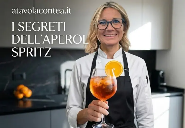 Donna sorridente con un bicchiere di Aperol Spritz, decorato con una fetta d'arancia. La scritta "I segreti dell'Aperol Spritz" è visibile.