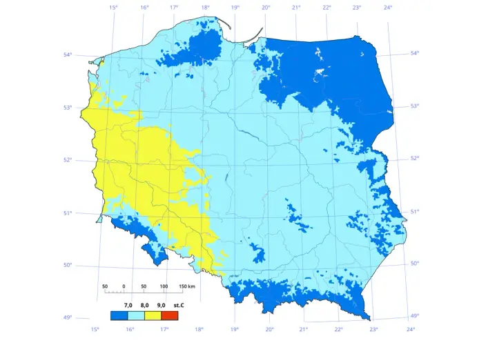 Mapa Polski z zaznaczonymi obszarami o różnej średniej temperaturze, wskazująca na klimat umiarkowany. Żółte obszary to cieplejsze rejony, niebieskie chłodniejsze.