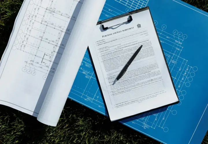 Prospekt informacyjny z umową kupna-sprzedaży nieruchomości i planami architektonicznymi.