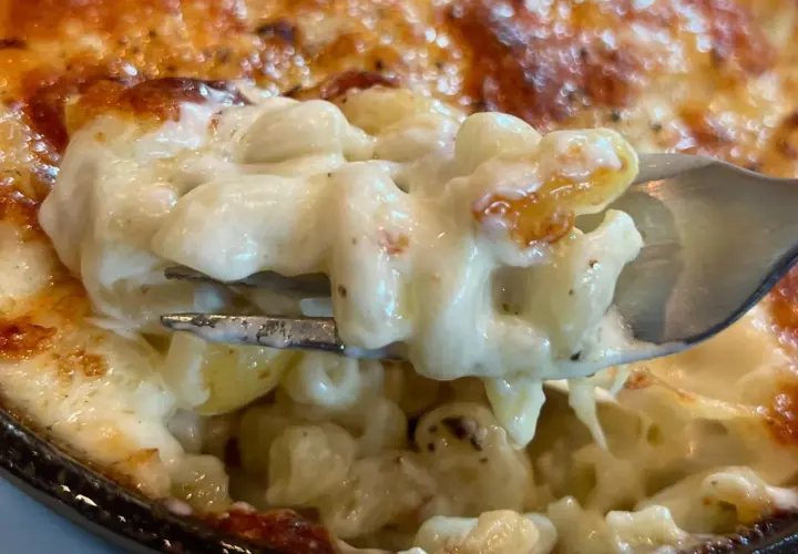 Un tenedor levanta una porción cremosa de macarrones con queso horneados, con la parte superior dorada y burbujeante.