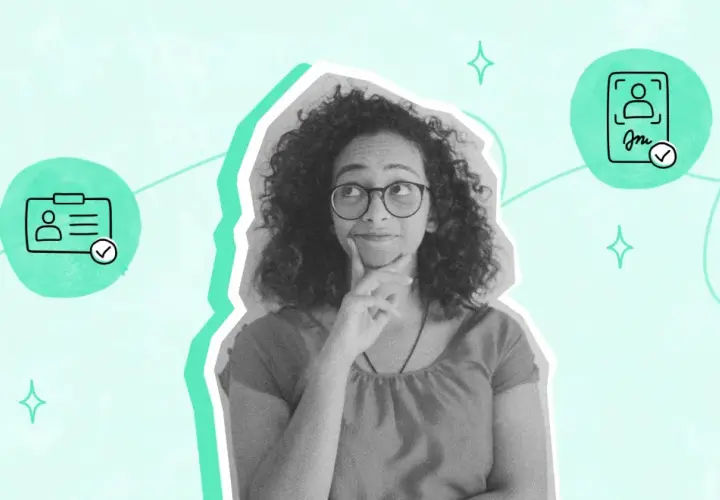 Mujer pensativa compara opciones de identificación: una tarjeta y una firma electrónica cualificada y avanzada.