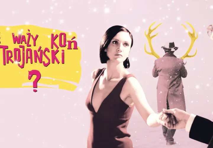 Grafika z napisem "Ile waży koń trojański?" i postaciami z filmu.