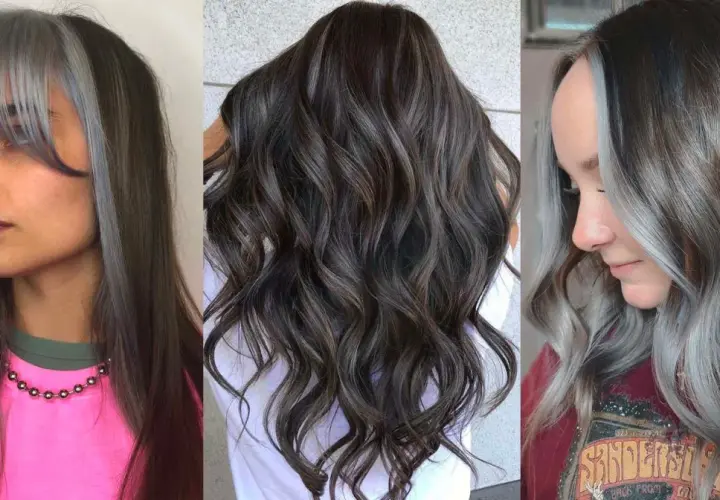 Peinados para disimular las canas: mechas plateadas y grises integradas en cabello oscuro, creando un look moderno y chic.