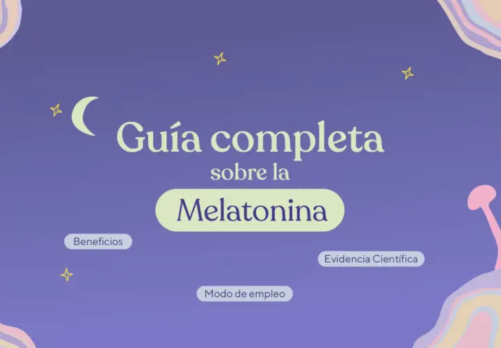 Guía completa sobre la melatonina natural, sus beneficios, modo de empleo y evidencia científica. Luna y estrellas decoran la imagen.