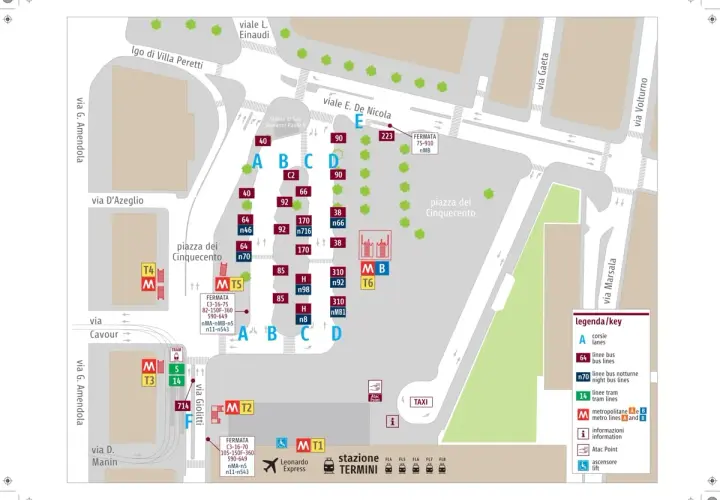 La mappa mostra quante uscite ha la stazione Termini, con fermate bus, metro e tram contrassegnate da lettere e numeri.
