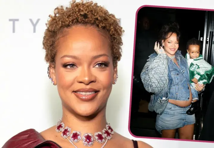 Rihanna w ciąży, uśmiechnięta, trzyma dziecko. Gwiazda w dżinsowej kurtce i spódniczce.