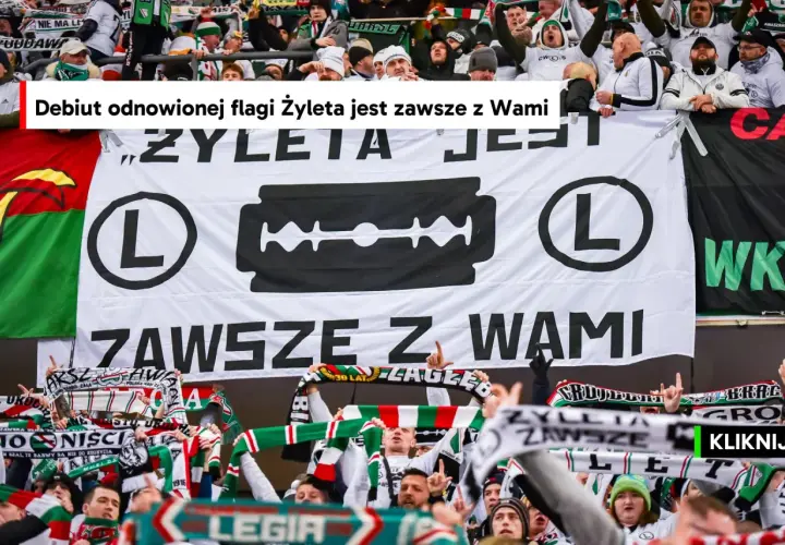 Fani Legii z flagą "Żyleta jest zawsze z Wami" i symbolem żyletki.