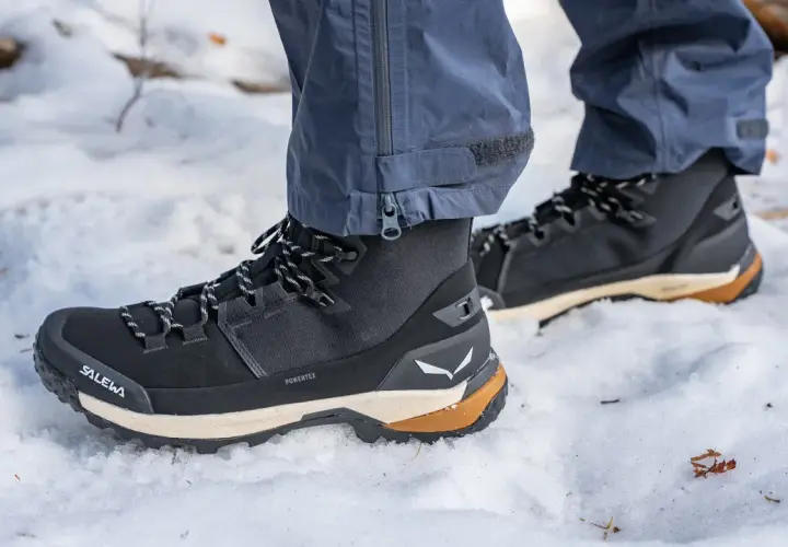 Choosing winter boots: These black Salewa boots with tan accents are perfect for snowy trails.