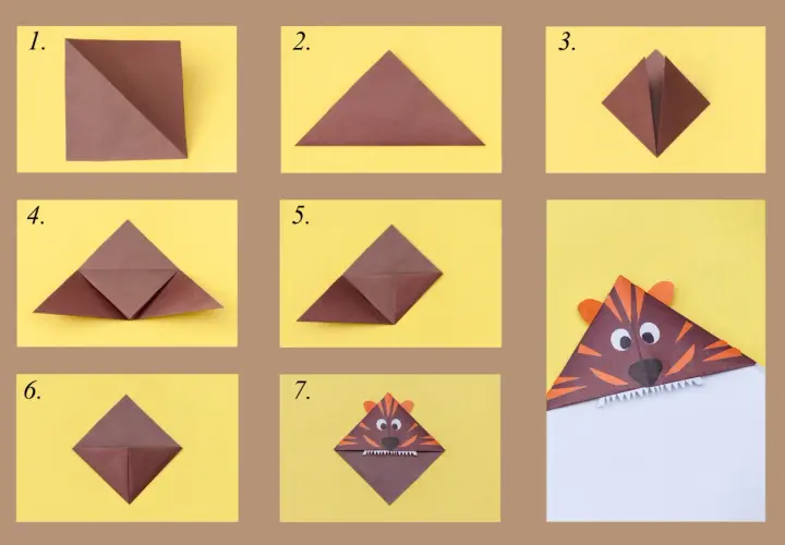 Pasos para crear un marcapáginas de tigre de origami, ideal para el día del libro para niños.