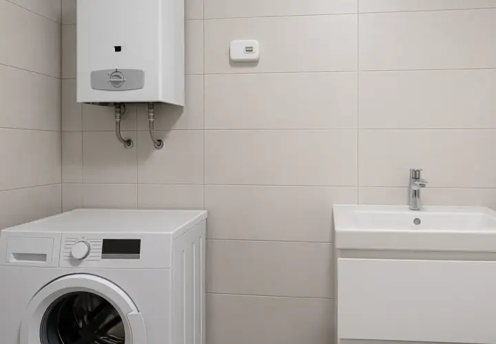 Czujnik czadu zamontowany na ścianie nad pralką i podgrzewaczem wody. W łazience znajduje się też umywalka.