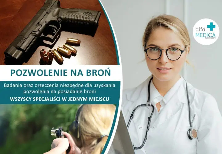 Pistolet i naboje, lekarka i strzelająca kobieta. Badania do pozwolenia na broń zgodnie z art. 15 ustawy o broni i amunicji.