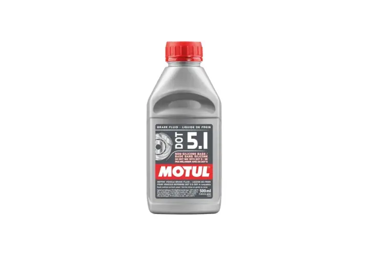 Motul DOT 5.1 brake fluid bottle. This non-silicone fluid is not to be mixed with DOT 5.