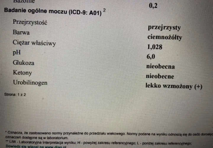 Wynik badania ogólnego moczu: urobilinogen lekko wzmożony (+). Pozostałe parametry w normie.