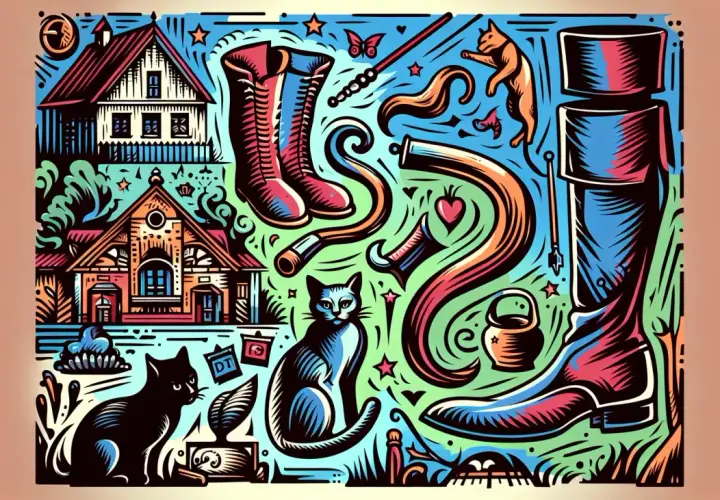 Dans cette peinture stylisée, le chat bleu, au regard perçant, semble observer un monde peuplé de bottes, de maisons et d'objets étranges.