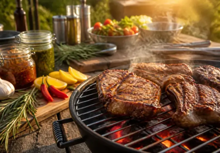 Délicieuse grillade de porc sur le barbecue, avec des accompagnements frais et des herbes aromatiques.