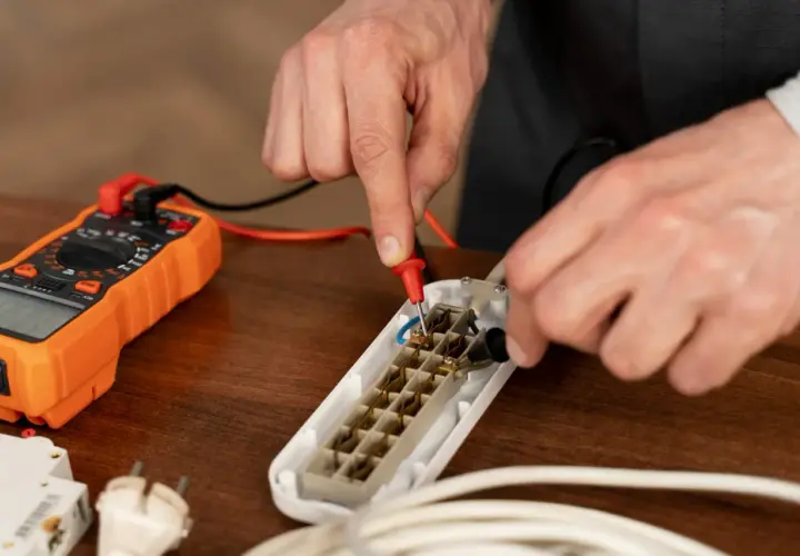 Ręce mierzą opór elektryczny w przedłużaczu za pomocą pomarańczowego multimetru.