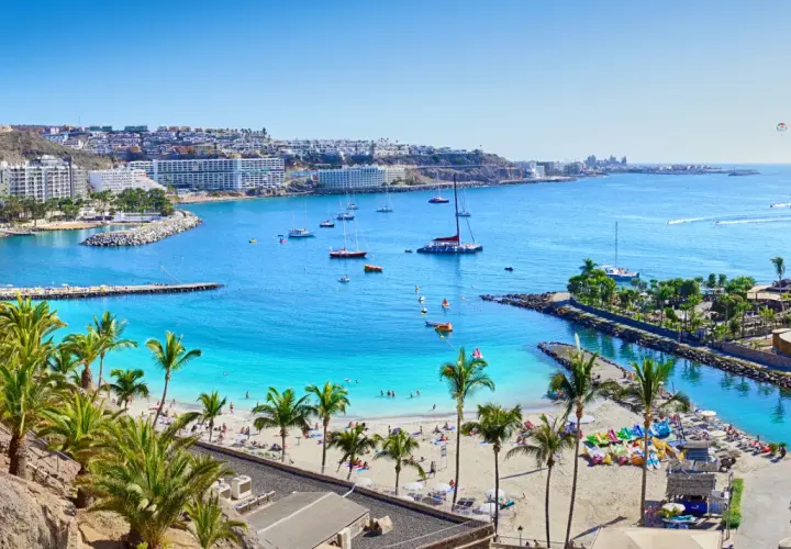 Gran Canaria loty bezpośrednie: słoneczna plaża, palmy, turkusowa woda i białe budynki hotelowe tworzą rajski widok.