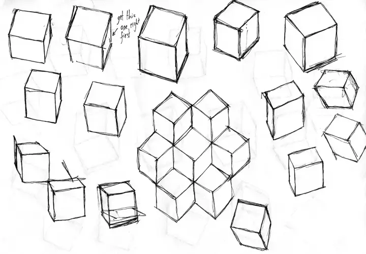 Un dibujo de varios cubos en diferentes perspectivas, algunos apilados formando una figura geométrica. Un boceto de cubo para practicar.