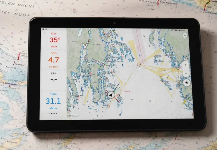Tablet mit Seekarte und Navigationsdaten, Kurs 35°, Geschwindigkeit 4.7 Knoten, Tiefe 31.1 Meter. Incoterm fot.
