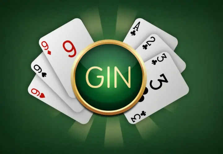 Spielkarten mit dem Wort "GIN" in der Mitte, die die Gin Rummy Regeln symbolisieren.