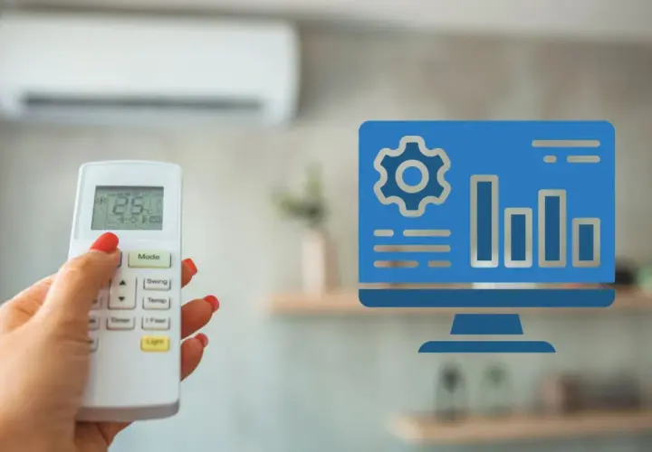 Controla tu aire acondicionado con Alexa. Un mando a distancia y un icono de ordenador con gráficos sugieren la gestión inteligente del clima.