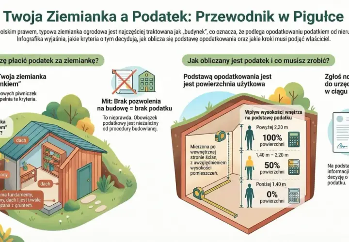 Ilustracja przedstawia przekrój ziemianki ogrodowej, wyjaśniając zasady opodatkowania i obliczania powierzchni użytkowej.