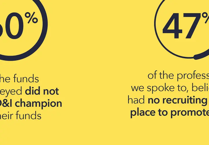 Diversity review: 60% of surveyed funds lack a D&I champion, and 47% of professionals believe there are no recruiting policies for diversity.