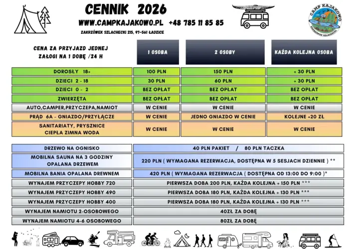 Cennik 2026: ile kosztuje pole namiotowe? Ceny za osobę, dzieci, zwierzęta, prąd, sanitariaty, wynajem namiotu i przyczepy.