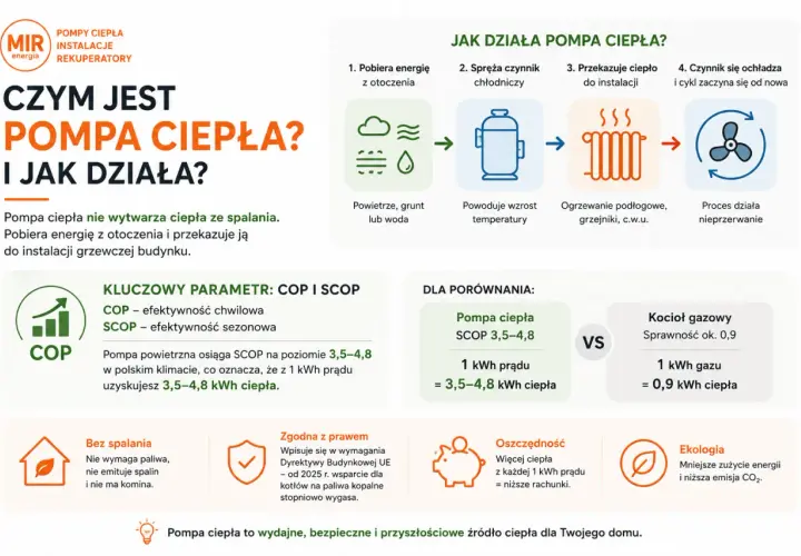 Jak działa pompa ciepła? Pobiera energię z otoczenia, spręża czynnik, przekazuje ciepło do ogrzewania. Proces jest nieprzerwany.