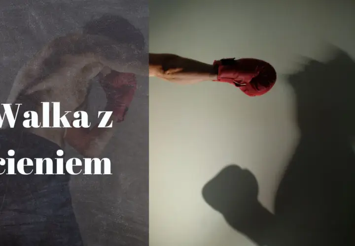 Bokser w czerwonej rękawicy walczy z cieniem, który przybiera postać przeciwnika.