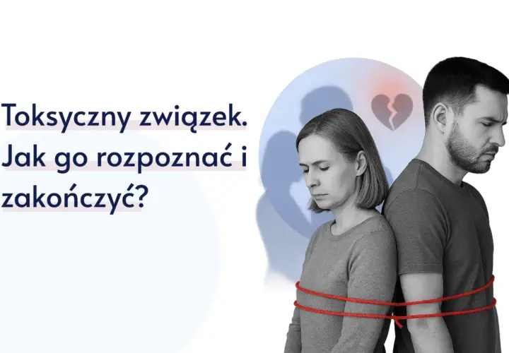 Para z opaskami na rękach, symbolizująca jak naprawić toksyczny związek. Złamane serce w tle.