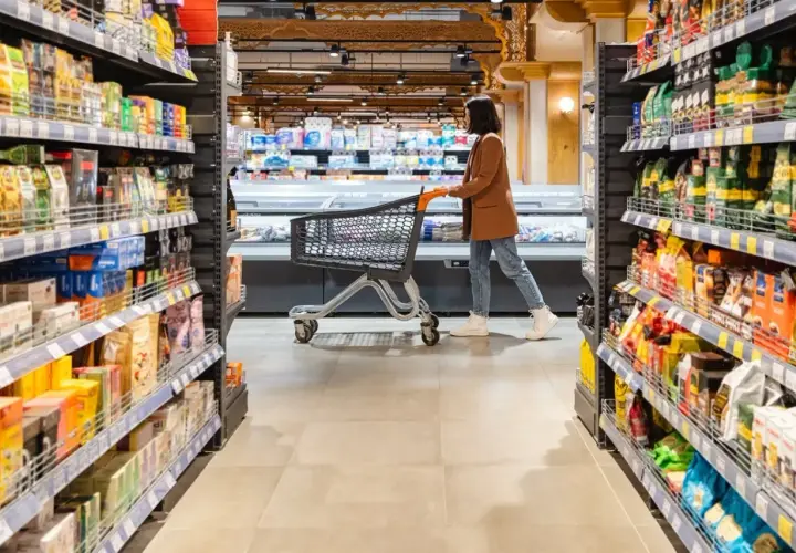 Kobieta z wózkiem w sklepie, między regałami pełnymi produktów. Może szuka jakiegoś dobrego **brendi** na prezent.