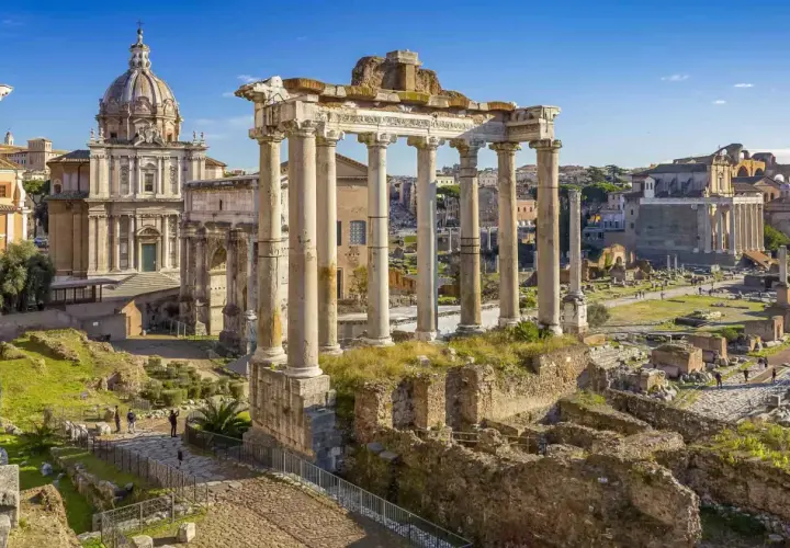 Ancient ruins of the Roman Forum, a stunning sight on a journey from Orvieto to Rome.