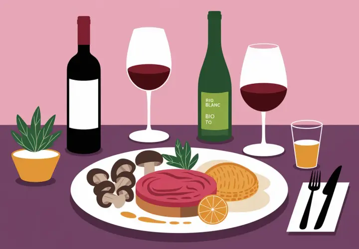 Un dîner élégant avec vin et pintade, accompagné de champignons, d'une tranche d'orange et d'une pâtisserie.