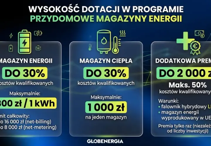 Dofinansowanie do fotowoltaiki: magazyn energii do 30%, magazyn ciepła do 30%, premia do 2000 zł.