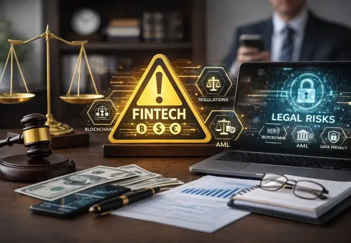 Balanza de justicia, martillo, dinero y portátil con "Legal Risks" y "Fintech". Un contrato de gestión en el mundo digital.