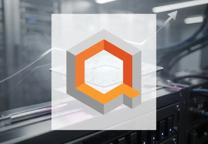 Das IonQ-Logo (NYSE: IONQ) über einem Serverraum mit einem steigenden Trendpfeil, der Wachstum symbolisiert.