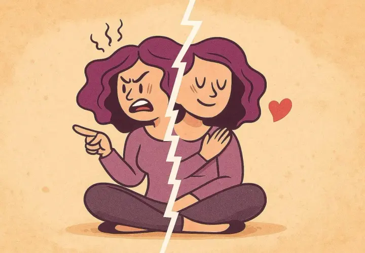 Una persona divisa: da un lato arrabbiata e puntata, dall'altro serena e abbracciata. A volte, il dialogo interiore, il parlare da soli, mostra queste due facce.