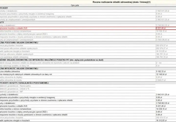 Roczne rozliczenie składki zdrowotnej: pytania i odpowiedzi. Fragment formularza z danymi o przychodach, kosztach i składkach.