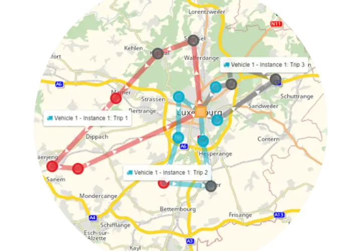 Karte von Luxemburg mit Routen und Markierungen, die die tourenplanung logistik für mehrere Fahrzeuge darstellen.