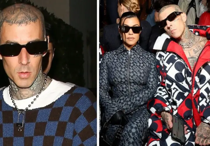 Travis Barker, znany z zespołu, w okularach i z tatuażami na głowie i szyi, obok Kourtney Kardashian.
