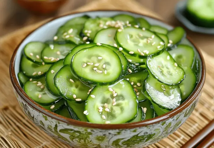 A refreshing bowl of Japanese cucumber salad, thinly sliced cucumbers glistening with a light dressing and sprinkled with sesame seeds.