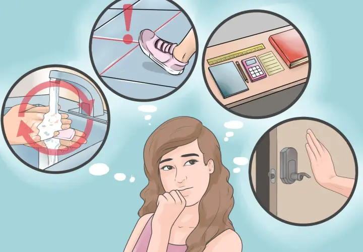 Pensieri di una persona con disturbo ossessivo compulsivo di personalità: lavarsi le mani, evitare linee sul pavimento, controllare la porta, organizzare oggetti.