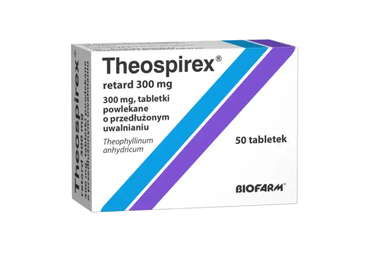 Opakowanie leku Theospirex retard 300 mg, 50 tabletek powlekanych o przedłużonym uwalnianiu.