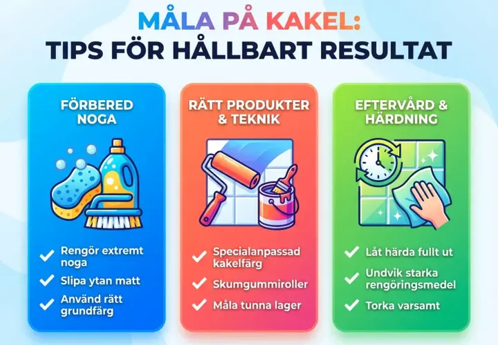 Tips för att måla kakel: förbered noga, använd rätt produkter och teknik, samt eftervård för ett hållbart resultat.