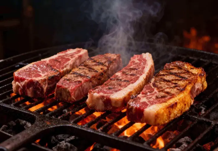Quatre picanhas de boeuf juteuses grésillent sur un barbecue incandescent, dégageant une fumée alléchante.
