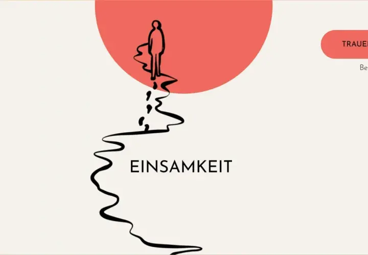 Eine einsame Figur steht vor einem roten Kreis. Ein Pfad aus Fußabdrücken führt weg. Der Text "Einsamkeit" und "Trauer Leben" sind zu sehen.