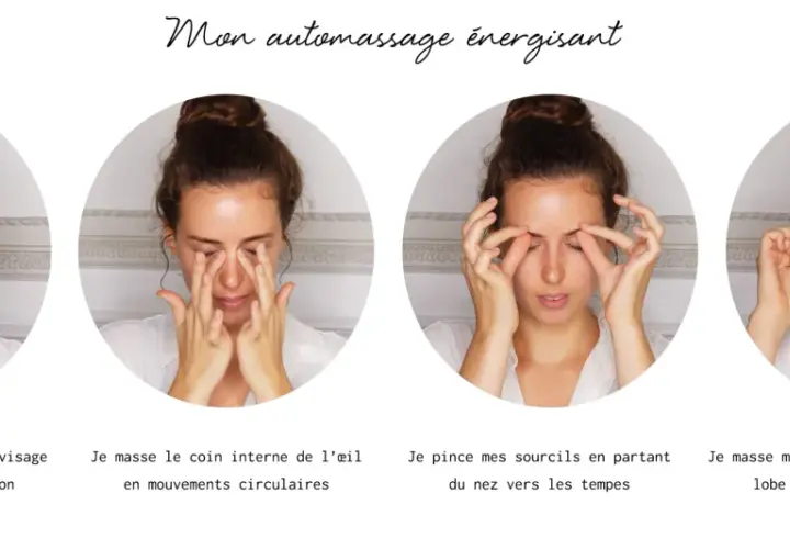 Quatre étapes d'une routine beauté : automassage du visage, des yeux, des sourcils et des oreilles pour un coup d'éclat.