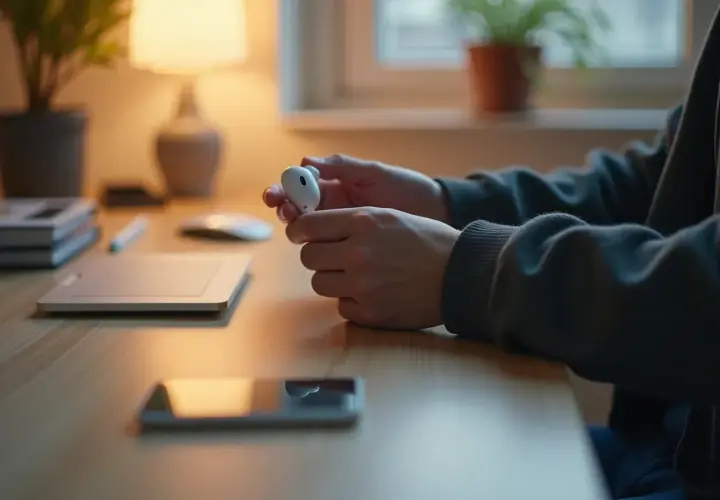 Dłonie trzymają białą słuchawkę AirPods, przygotowując się do resetu. Na biurku leży telefon i laptop.