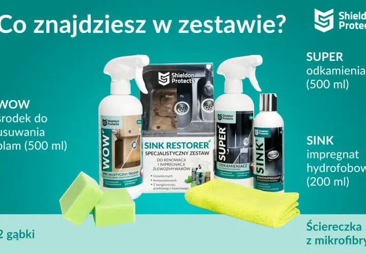 Zestaw do czyszczenia i impregnacji zlewozmywaków granitowych: środek WOW, odkamieniacz SUPER, nanoimpregnat SINK, 2 gąbki i ściereczka z mikrofibry.